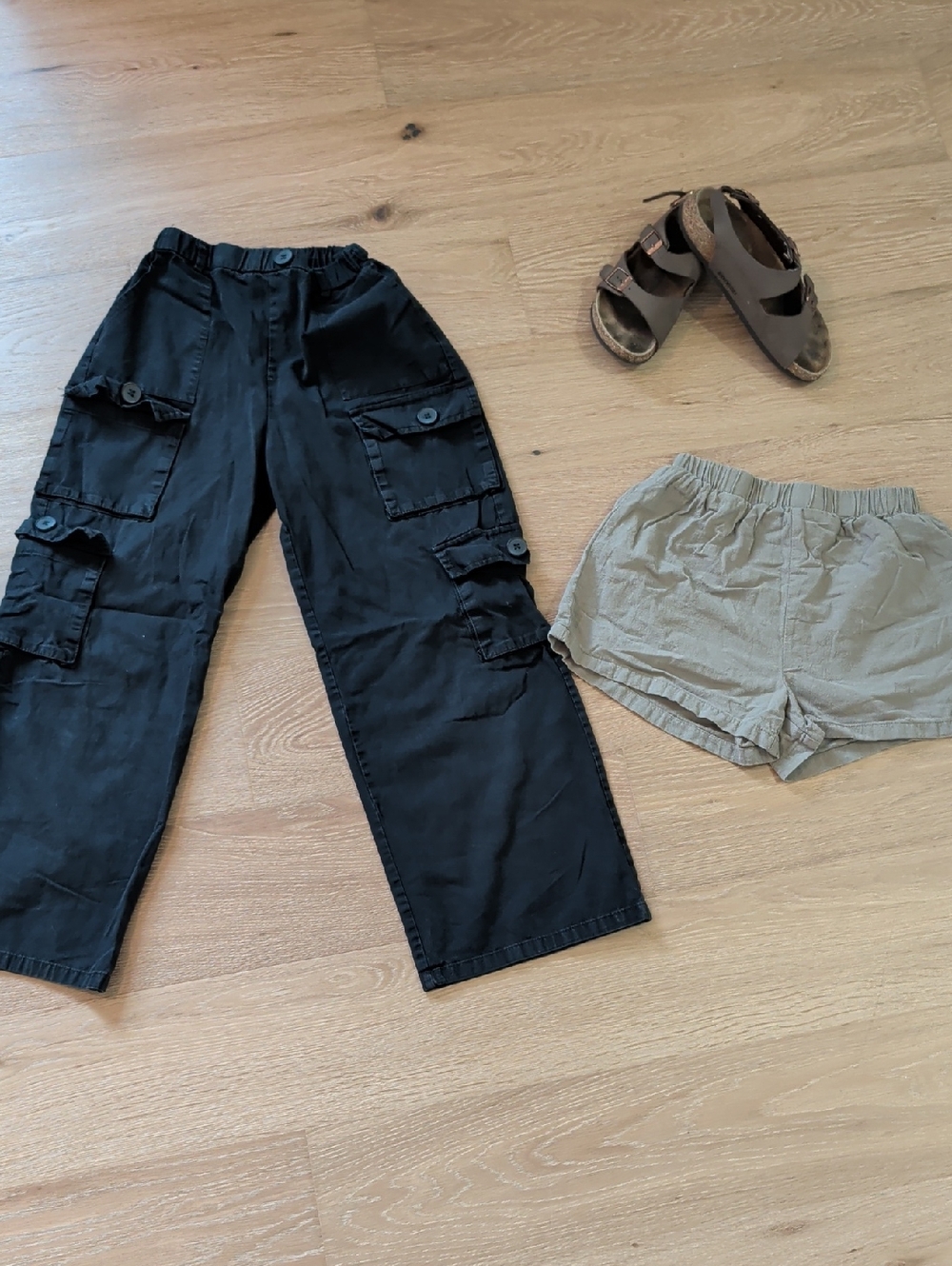 SHEIN Black Cargo Pants for Kids with Utility Pockets & Hunter Green Shorts